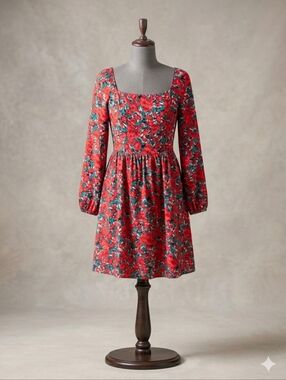 Floral Square Neck Long Sleeve Mini Dress Red Green Boho Smocked Ruffle A-Line